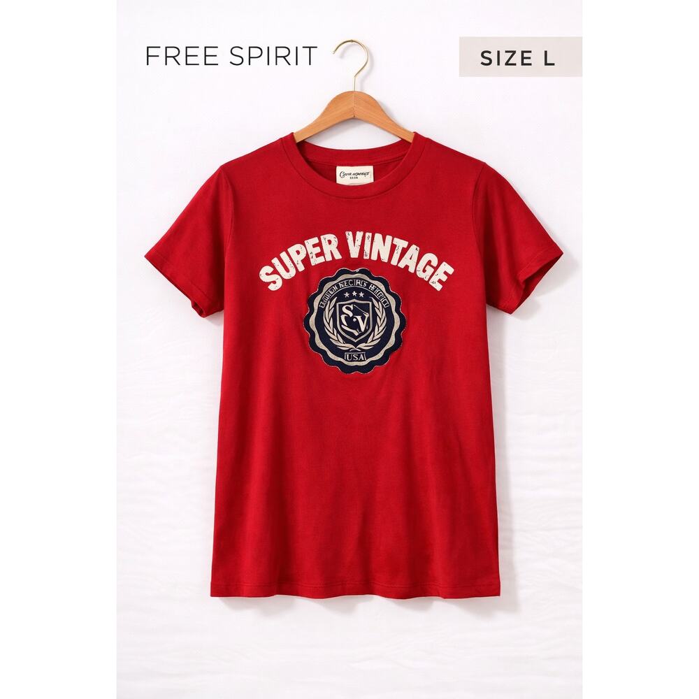 Free Spirit Super Vintage Graphic Tee Red Cotton Shirt Womens Large Patch